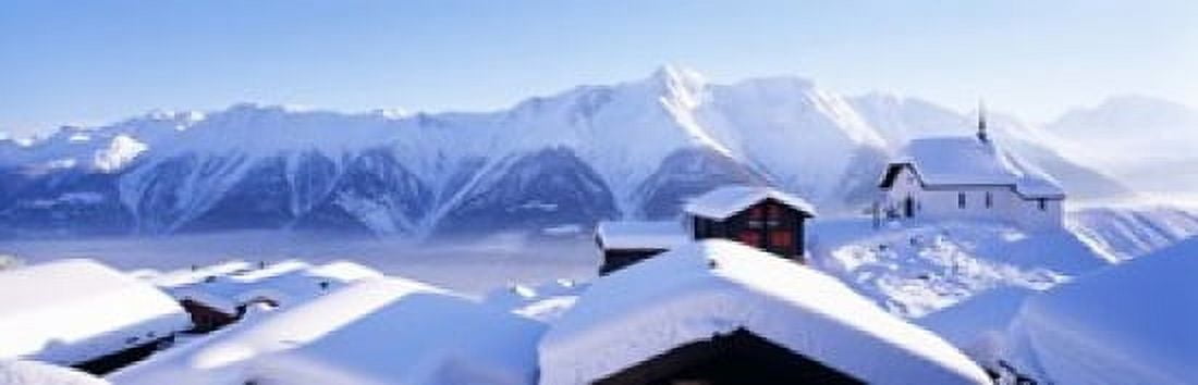 Snow Covered Chapel and Chalets Swiss Alps Switzerland Canvas Art - Panoramic Images (18 x 6)