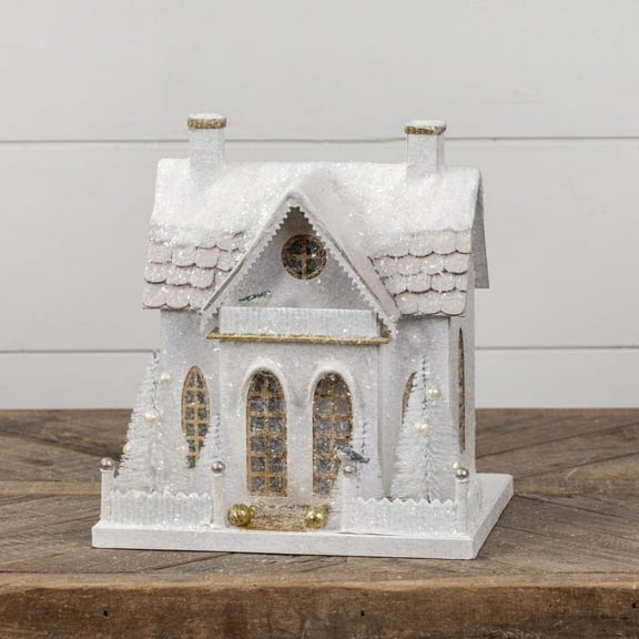 Snow Covered Cottage Bottle Brush Trees Putz Christmas Lighted House Tablepiece