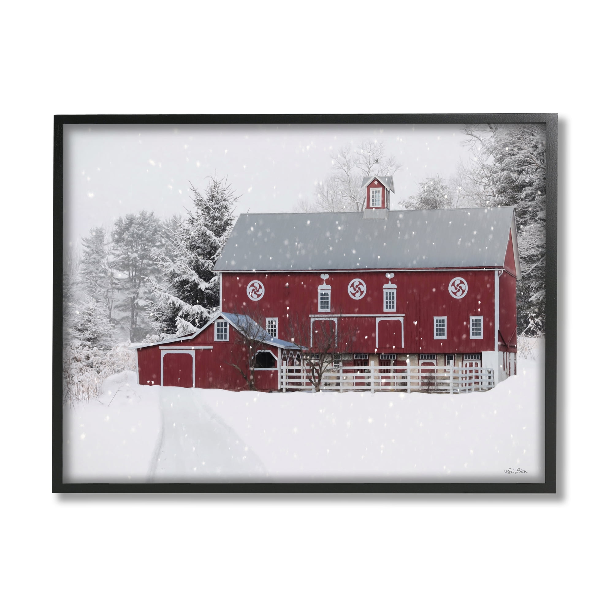 Snow Covered Farmland Red Barn Snowflakes Falling Landscape Painting Framed Art Print Wall Art