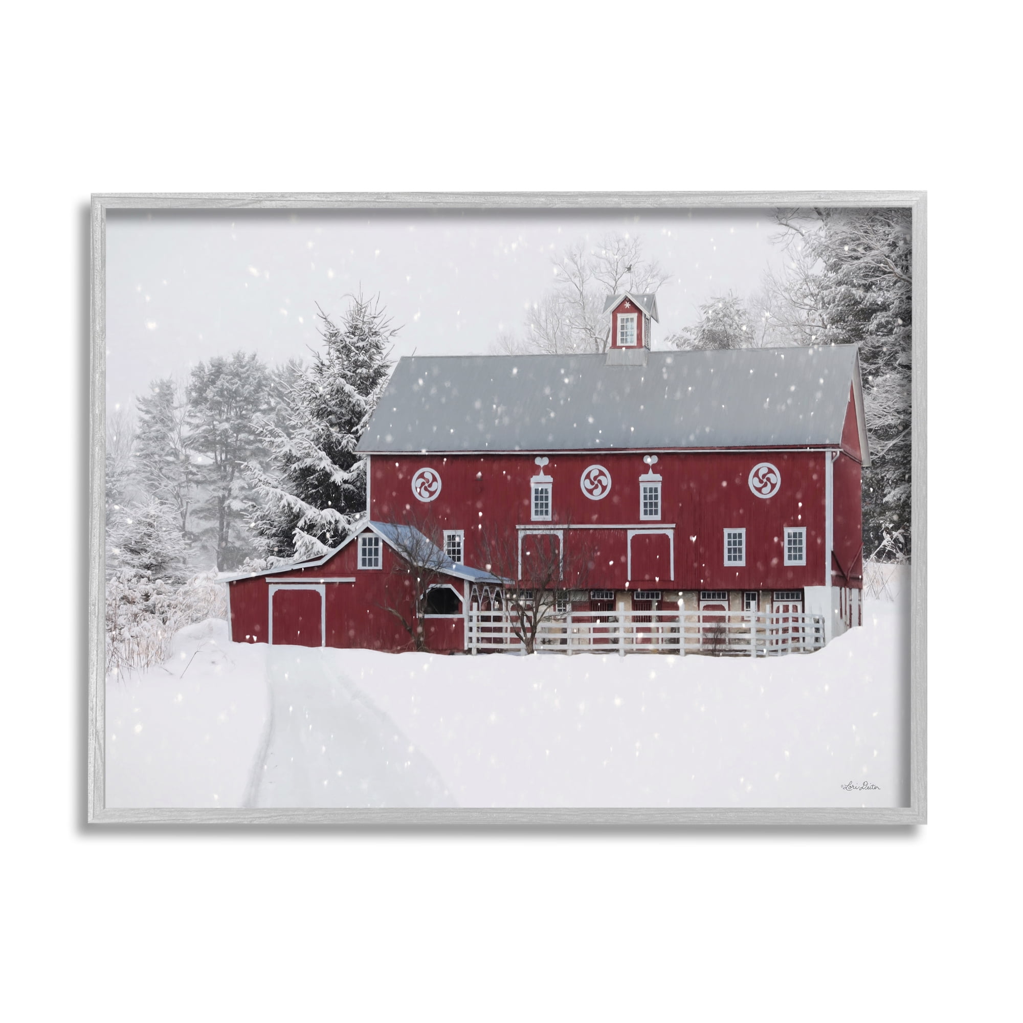 Snow Covered Farmland Red Barn Snowflakes Falling Landscape Painting Framed Art Print Wall Art