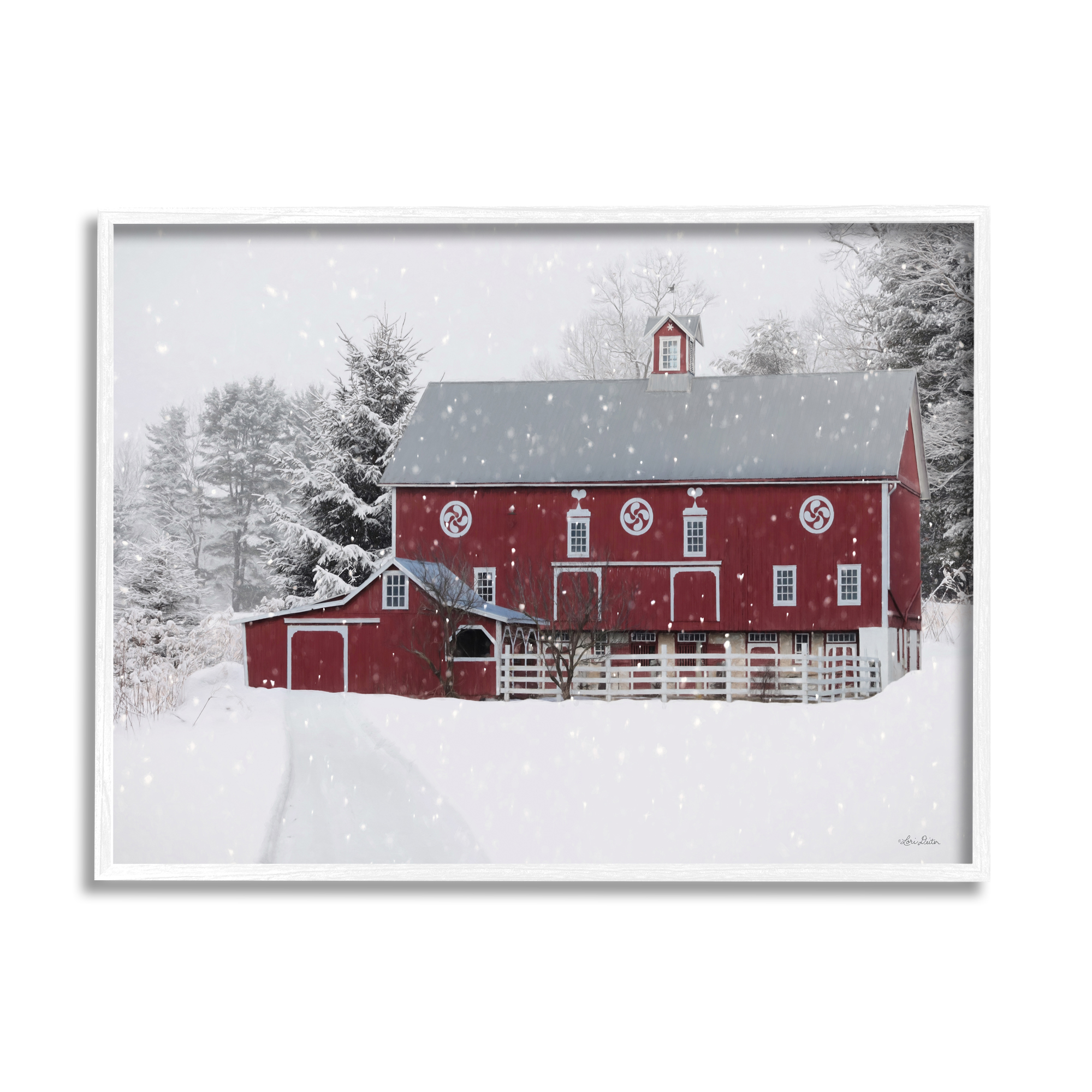 Snow Covered Farmland Red Barn Snowflakes Falling Landscape Painting Framed Art Print Wall Art