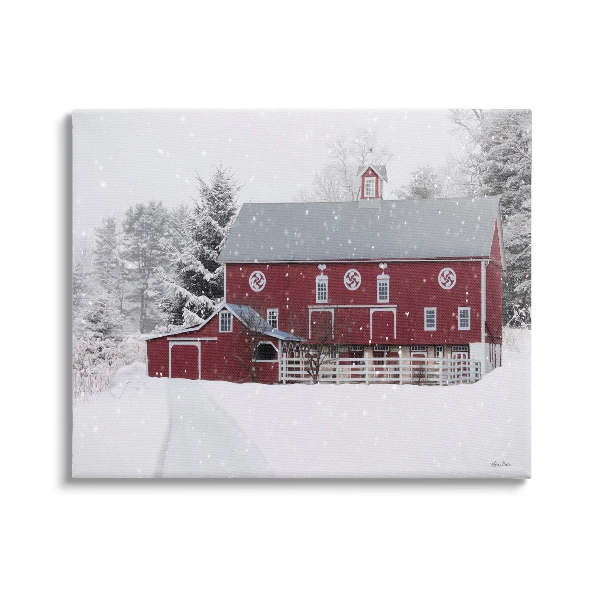 Snow Covered Farmland Red Barn Snowflakes Falling Landscape Painting Gallery-Wrapped Canvas Print Wall Art