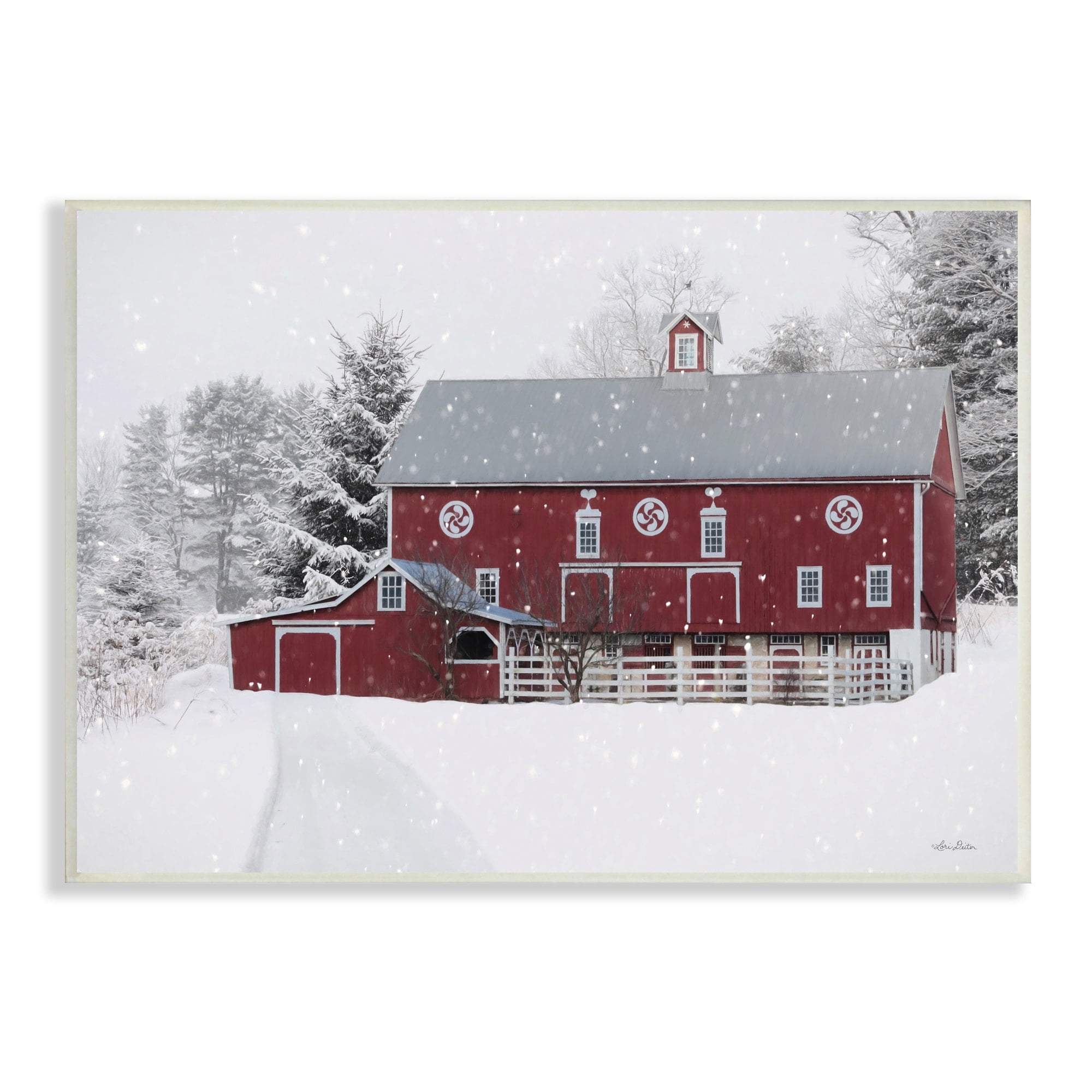 Snow Covered Farmland Red Barn Snowflakes Falling Landscape Painting Unframed Art Print Wall Art