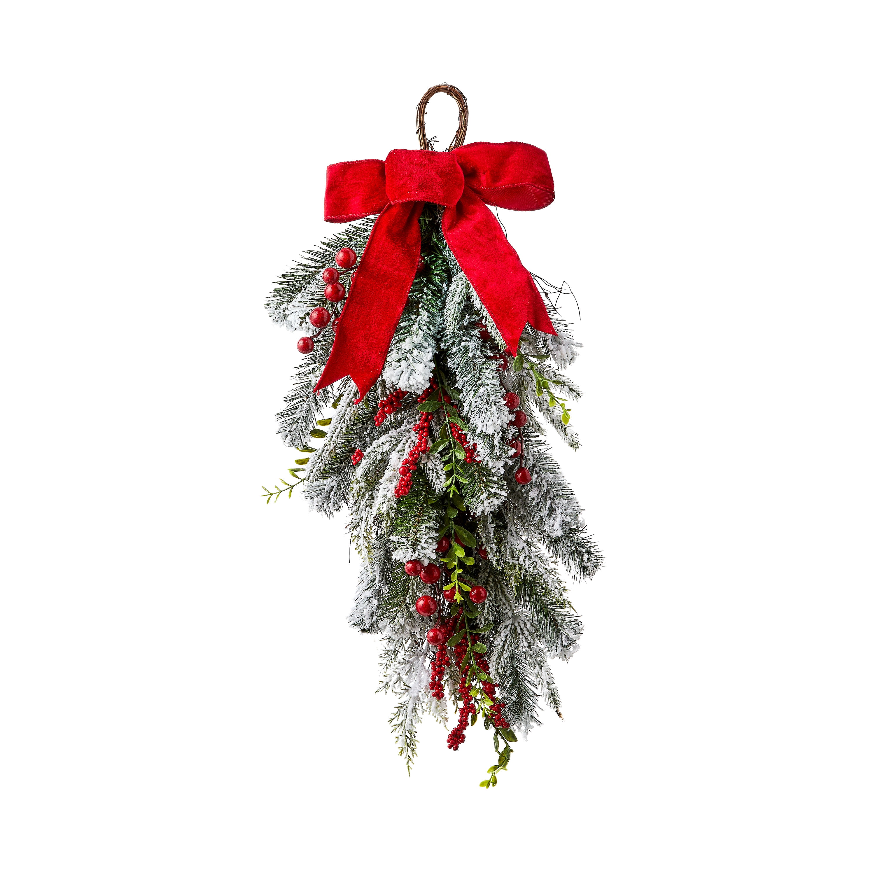 Snow Covered Flocked Cedar Green Christmas Decorative Swag with Red Bow ...