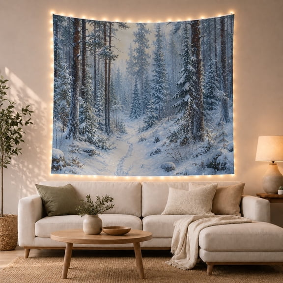Snow Covered Forest with Path Leading Into Woodland, Mystical Fantasy for Space Lovers, Galaxy Room Decor, Christmas Gift, Tapestry Wall Hanging for Bedroom and Dorm