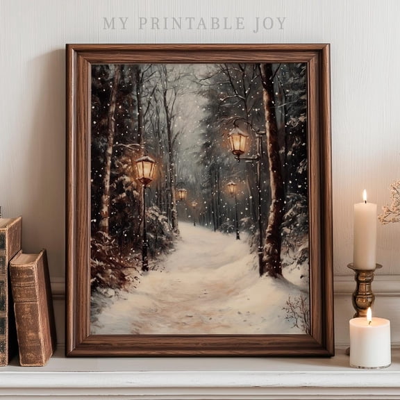 Snow Covered Forest Path Wall Art Print, Tranquil Winter And Rustic Vintage Decor