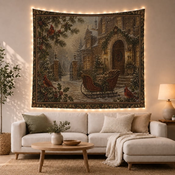 Snow Covered Grand With Old Fashioned Manor House, Mystical Fantasy for Space Lovers, Galaxy Room Decor, Christmas Gift, Tapestry Wall Hanging for Bedroom and Dorm