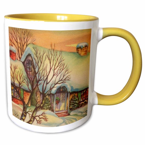 3drose, Snow Covered House, 11oz Two-tone Yellow Mug