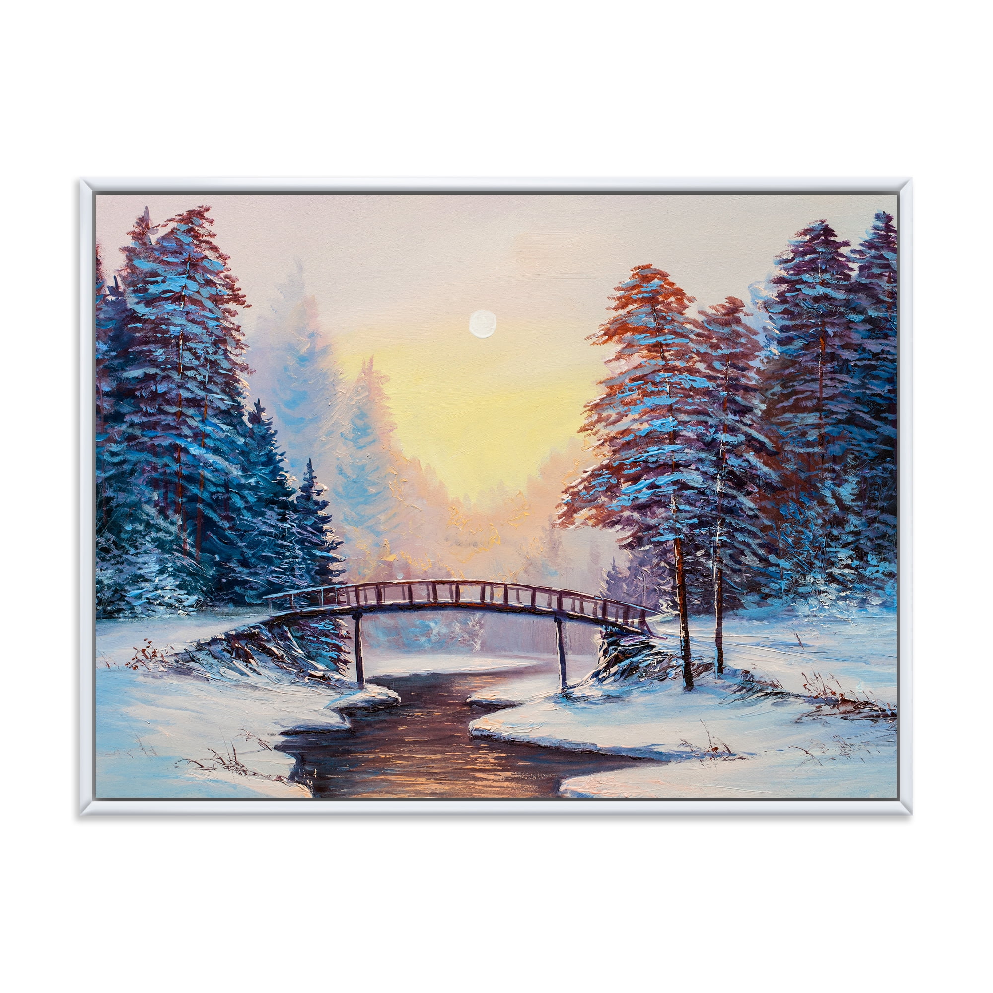 Snow Covered Landscape and Little Bridge 32 in x 16 in Framed Painting Canvas Art Print, by Designart