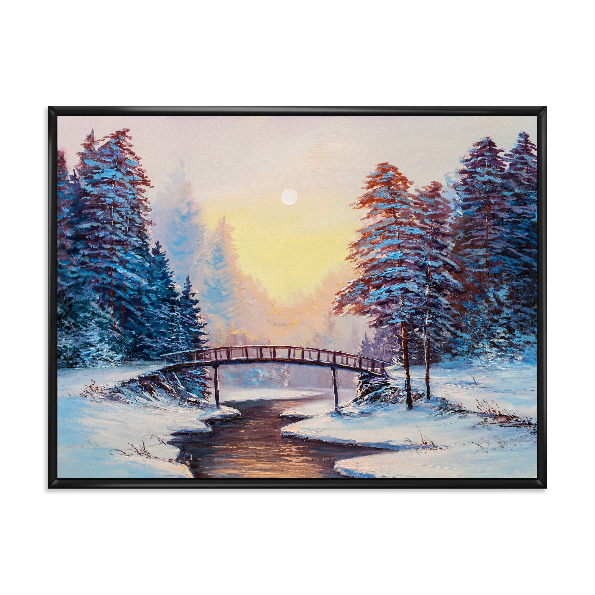 Snow Covered Landscape and Little Bridge 32 in x 16 in Framed Painting Canvas Art Print, by Designart