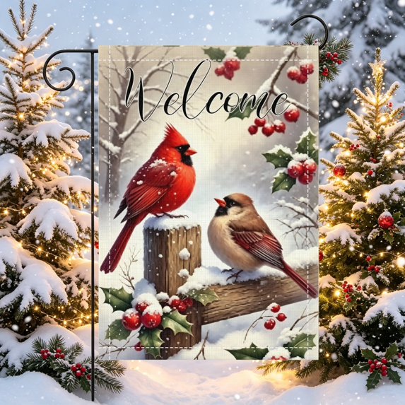 Snow Covered Log Male Female Cardinal Pair Welcome Print Polyester ...