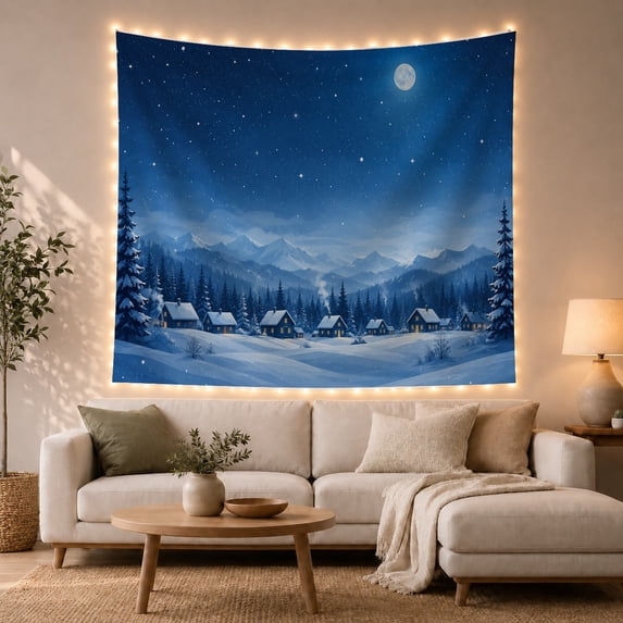 Snow-Covered Mountain Village with Starry Night Sky Serene Illustration for Home Decor Enthusiasts Scenic Winter Wall Art Christmas Gift Tapestry Wall Hanging for Bedroom and Living Room