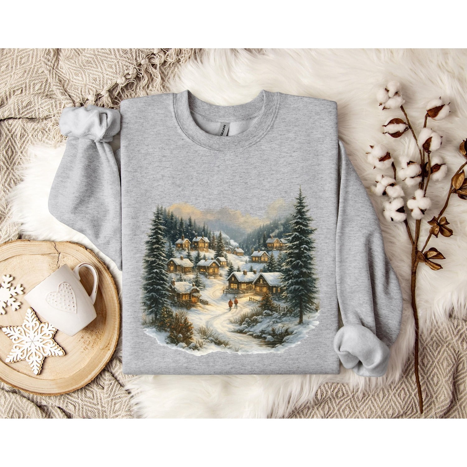 Snow-Covered Mountain Village and Evergreen Trees Graphic Crewneck ...