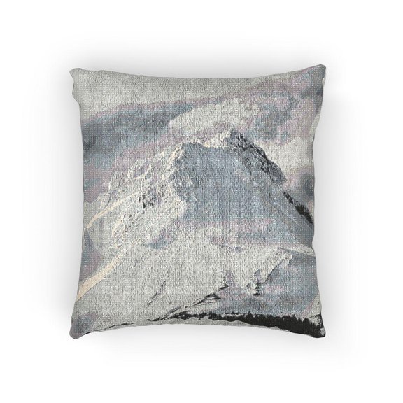 Snow-Covered Mountain and Clouds White, Gray and Black Woven Pillow, Cotton-Polyester, for Sofa, Chair or Bed