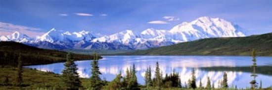 Snow Covered Mountains Mountain Range Wonder Lake Denali National Park Alaska USA Canvas Art - Panoramic Images (36 x 12)