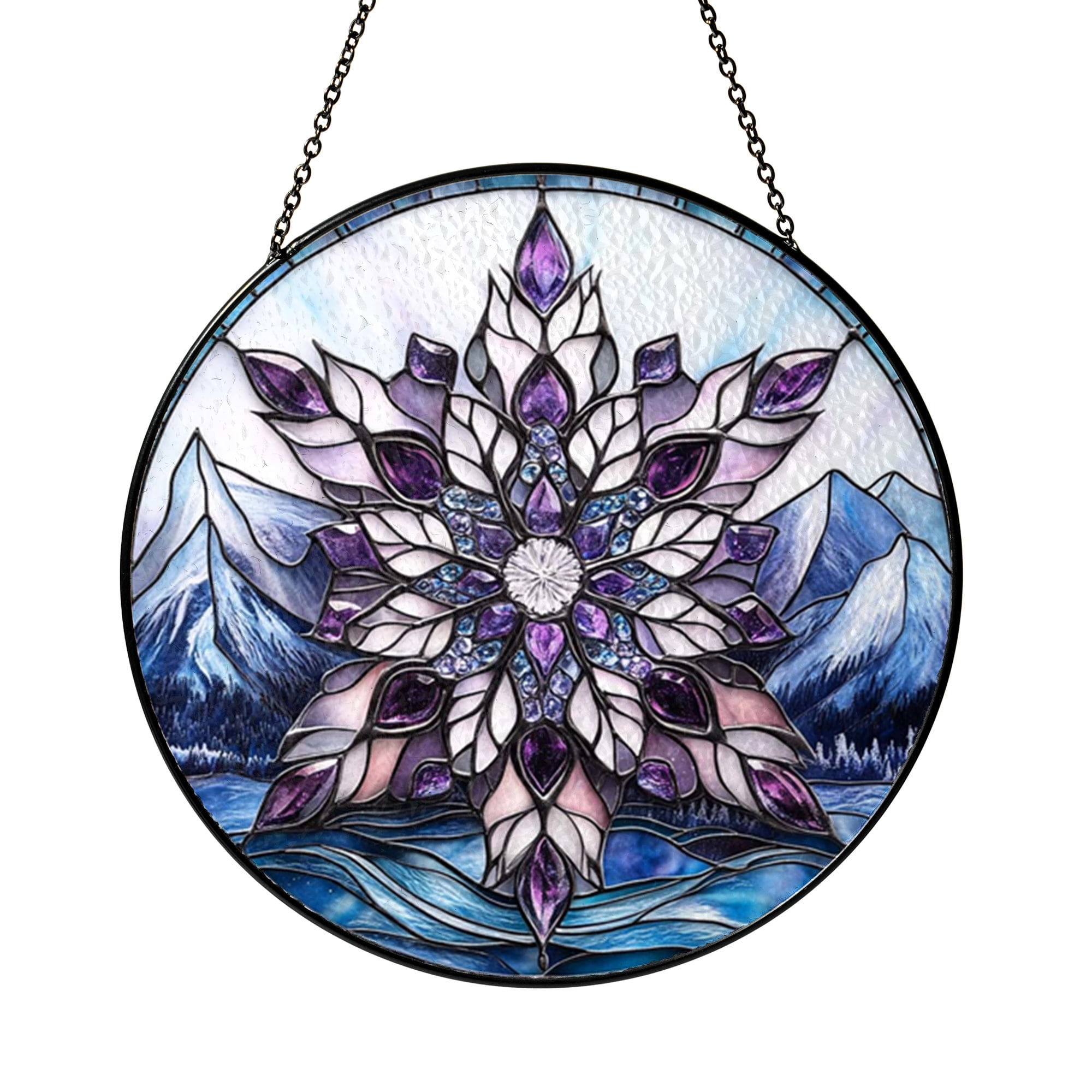 Snow Covered Peaks Decorative Window Hanging – Stained Glass Style ...