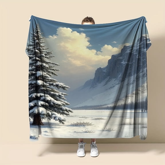 Snow-Covered Pine & Mountain Flannel Blanket - Soft All-Season Small Bedspread/Throw, Winter Landscape with Pine Trees & Snowy Mountains for Camping, Couch, Bed - Cozy Christmas/Holiday Gift (Grey/Wh