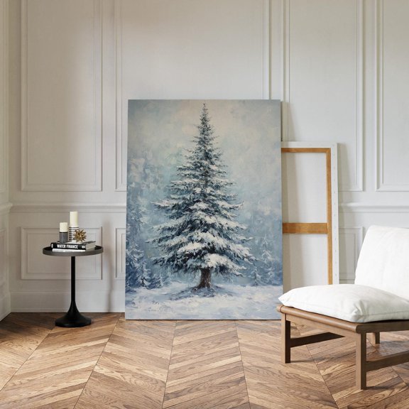 Snow Covered Pine Tree Framed Canvas Print, Peaceful Winter Forest Scene in Vintage for Holiday and Nature Decor
