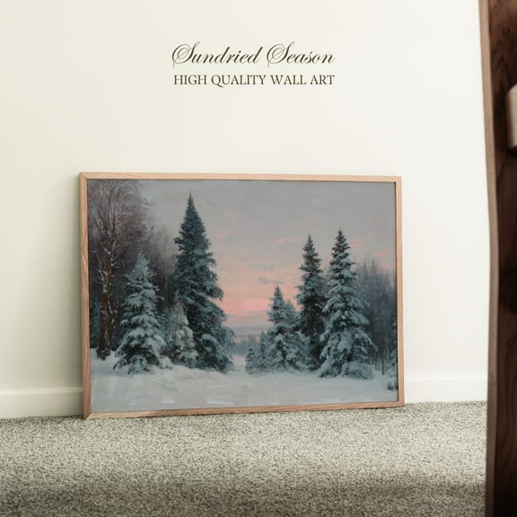 Snow Covered Pine Tree Print, Winter Forest Wall Art, Cozy Kristmas Landscape, Cabin Style Decor, Peaceful Pink Sky Woodland Snow Scene Warm Present Vintage UNFRAMED Poster Size 8x12