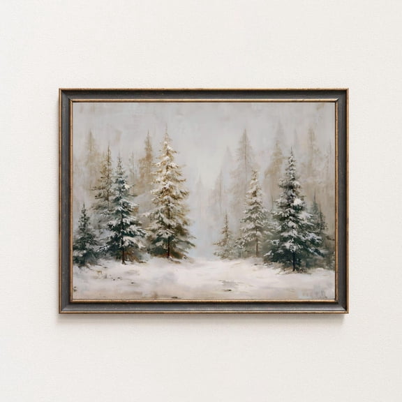 Snow Covered Pine Tree Wall Art Print, Rustic Winter Evergreen Forest Decor, Vintage Farmhouse Holiday Landscape