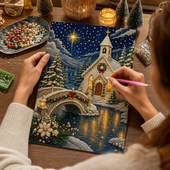 Snow Covered Riverside Chapel Starry Sky DIY Pearl Painting Set Christmas Winter Festive Landscape Handcraft Wall Hanging Art Kit For Household Wall Decoration