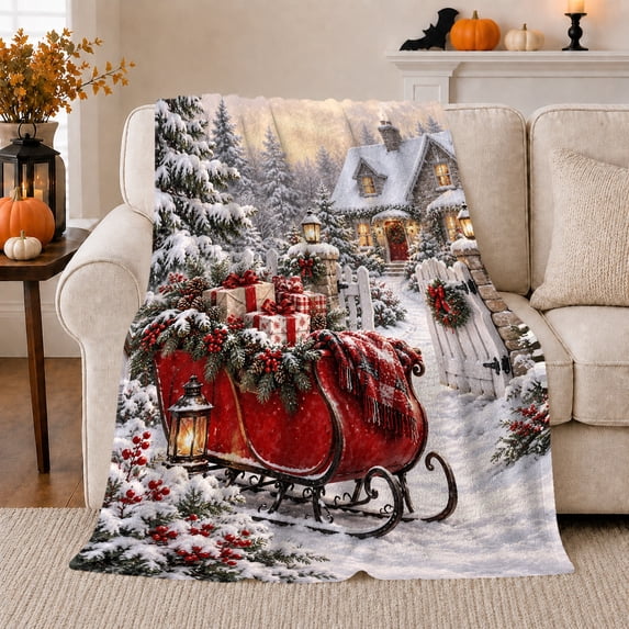 Snow Covered Winter Christmas Cottage Vintage Red Sleigh, Festive Holiday Scene, Warm Flannel Blanket for Living Room and Family Room, Art Lovers Christmas Gift, Festive Home Decor