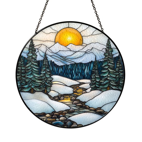 Snow Covered Winter Scene Glass Window Hanging, Calm Nature Inspired Decor for Cozy Interiors