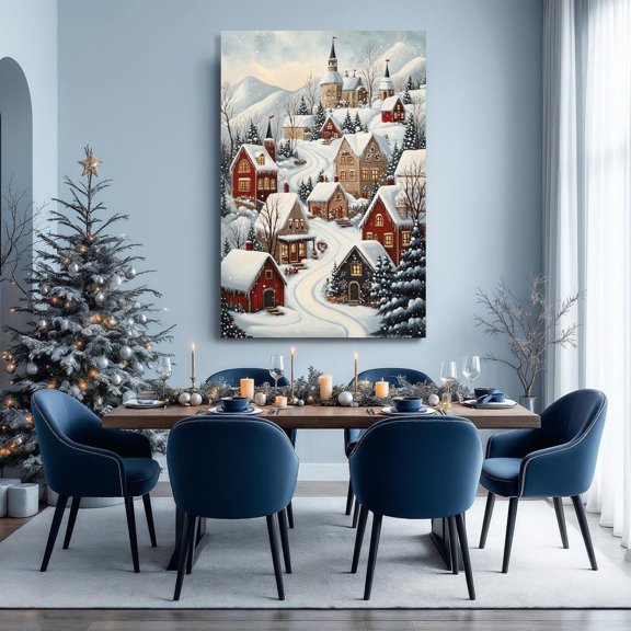 Snow Covered Winter Village Wall Art Winter Wonderland Poster Winter Wall Decor Snowy Landscape Poster Ready To Hang, Unframed Canvas Size 12x18