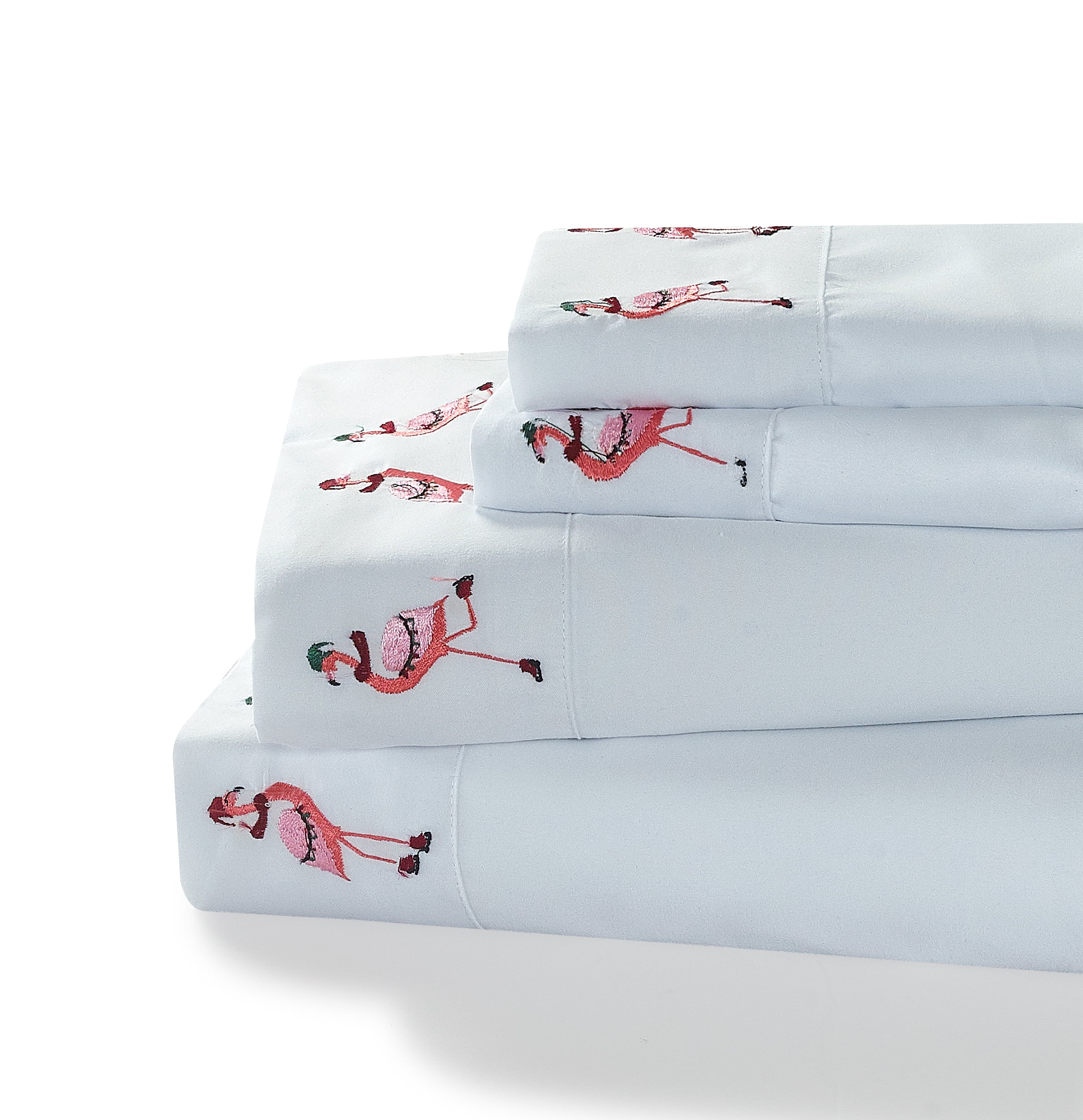 Snow Day Embroidered 4-piece Full-size Skating Flamingo Sheet Set