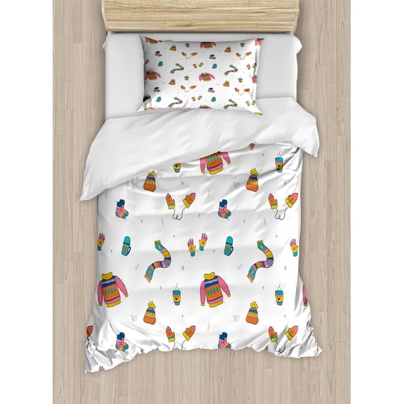Snow Duvet Cover Set, Winter Clothes Pattern Sweater Socks Hat Mitten and Scarf Christmas Season, Decorative 2 Piece Bedding Set with 1 Pillow Shams, Twin Size, White Coral Sky Blue, by Ambesonne