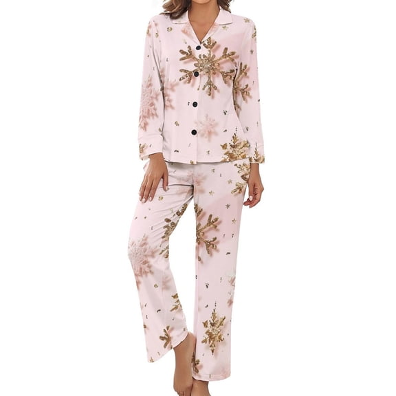 Snow Flake Christmas Women's Long Sleeve Flannel Pajama Set Sleepwear S
