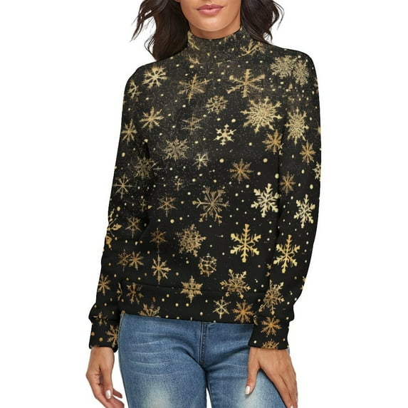 Snow Flake Christmas Women's Turtleneck Sweater Long Sleeve Ribbed Fitted Turtle Neck Casual Fall Winter Collection Top 2XL