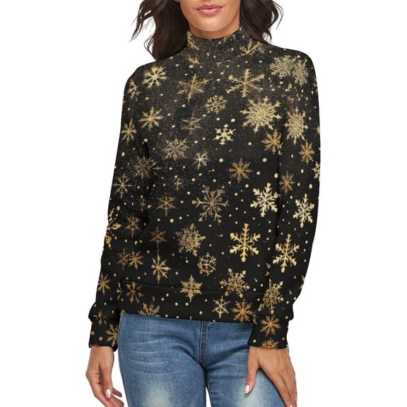 Snow Flake Christmas Women's Turtleneck Sweater Long Sleeve Ribbed Fitted Turtle Neck Casual Fall Winter Collection Top L