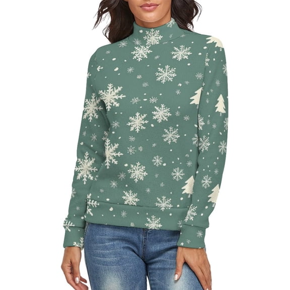 Snow Flake Christmas Women's Turtleneck Sweater Long Sleeve Ribbed Fitted Turtle Neck Casual Fall Winter Collection Top L