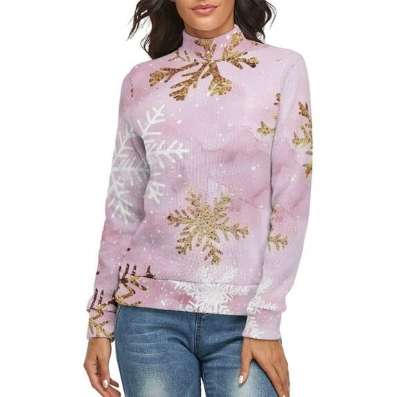 Snow Flake Christmas Women's Turtleneck Sweater Long Sleeve Ribbed Fitted Turtle Neck Casual Fall Winter Collection Top M
