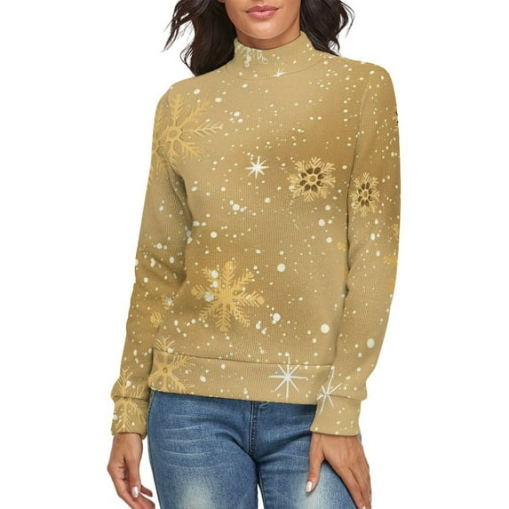 Snow Flake Christmas Women's Turtleneck Sweater Long Sleeve Ribbed Fitted Turtle Neck Casual Fall Winter Collection Top S