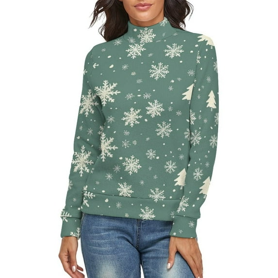 Snow Flake Christmas Women's Turtleneck Sweater Long Sleeve Ribbed Fitted Turtle Neck Casual Fall Winter Collection Top XL
