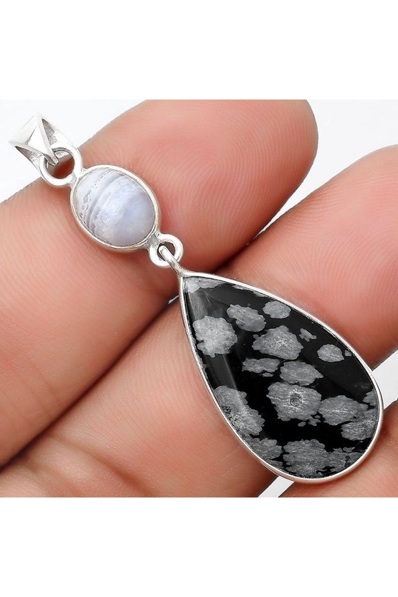 Snow Flake Obsidian & Blue Lace Agate 925 Sterling Silver Pendant Jewelry P-1098 SDP126331