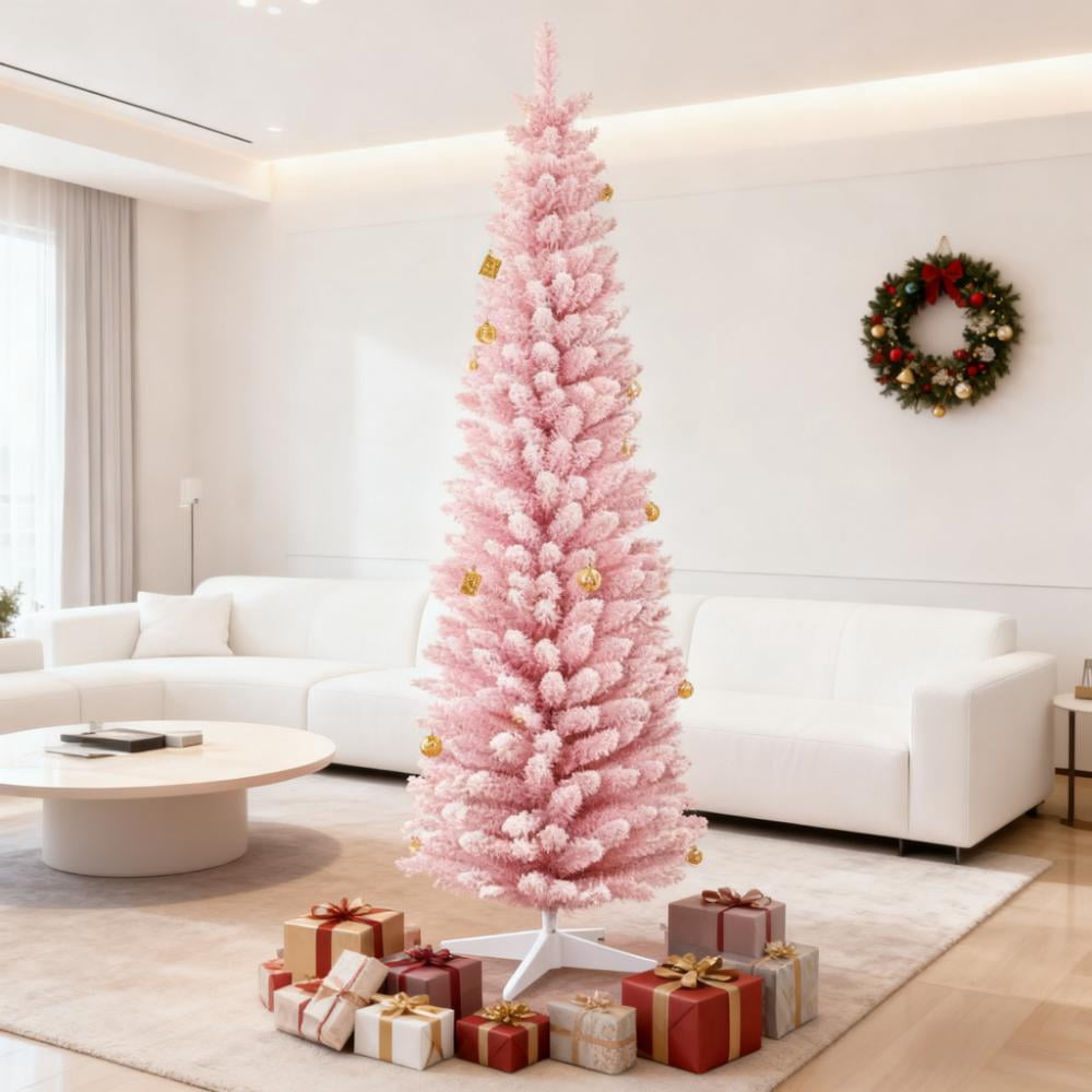 Snow Flocked Artificial Christmas Tree, Decorated Christmas Tree with Pencil Shape, Realistic Branches