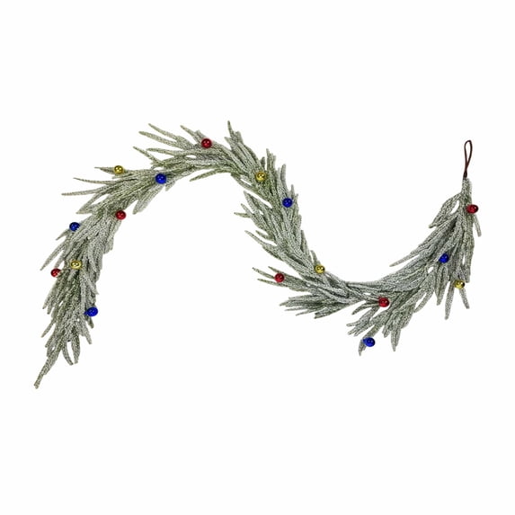 Snow Flocked Christmas Garland with Multicolor Ball Ornaments for Indoor Wall Mantel Rail Decor