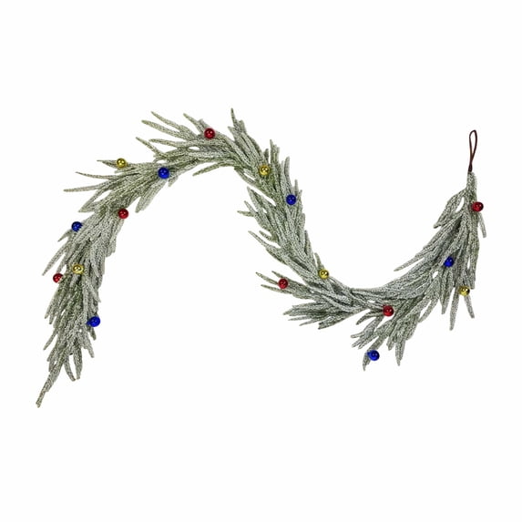 Snow Flocked Christmas Garland with Multicolor Ball Ornaments for Indoor Wall Mantel Rail Decor