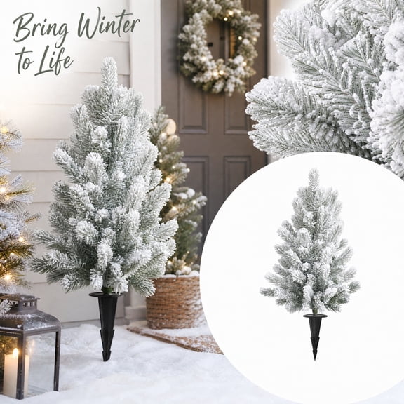 Snow Flocked Christmas Pathway Trees with Ground Stakes, 26" Outdoor Artificial Small Pine Trees, Winter Holiday Decor for Yard Lawn Walkway Porch Driveway
