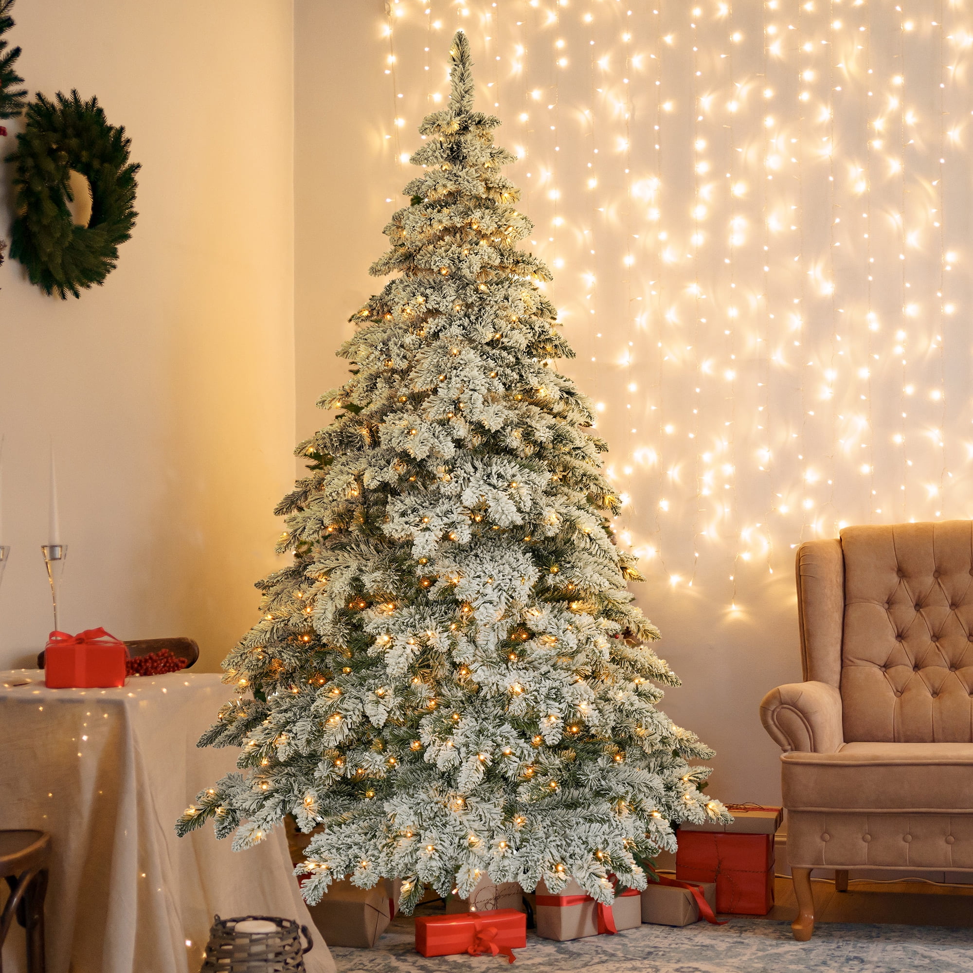 Snow Flocked Christmas Tree, 7.5ft Artificial Xmas Tree with 1,050