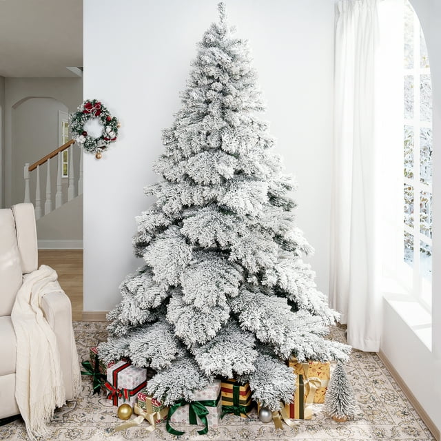 Snow Flocked Christmas Tree Prelit with 892 Branch Tips, Realistic