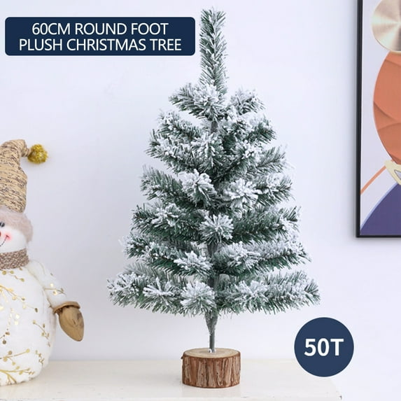 Artificial Christmas Tree, 23.6" Small Mini Green Xmas Tree with Flocking Snow Frost and Wooden Stand for Porch Coffee Table Centerpiece Arrangements Home Office Holiday Decor