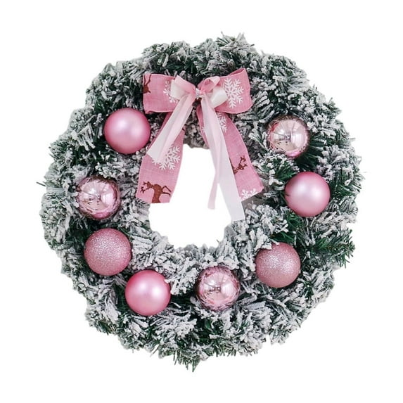 Snow Flocked Christmas Wreath, Artificial Wreath with Pink Ornaments for Front Door Window Indoor Outdoor Christmas Decorations