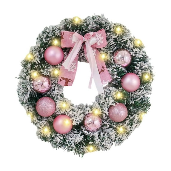 Snow Flocked Christmas Wreath, Artificial Wreath with Pink Ornaments for Front Door Window Indoor Outdoor Christmas Decorations