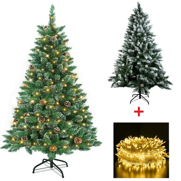 Snow Flocked Covered Christmas Tree with Bushy Pinecones & LED Lights 4/5/6/7FT