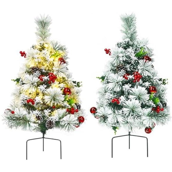 Snow Flocked Pathway Christmas Tree, 29 White Outdoor Christmas Tree for Porch Set of 2 w/ 30 LED Lights, Pine Cones, Berries, Branches, Battery Powered with Timer, 8 Flash Modes