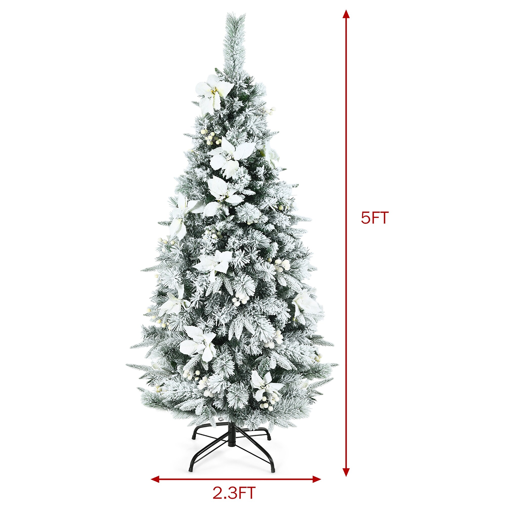 Snow Flocked Pencil Christmas Tree Skinny Tree with Berries Flowers 5